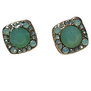 Retro 50s 60s Green Gem Square Stud Earrings Blue Rhinestones Fashion Jewelry